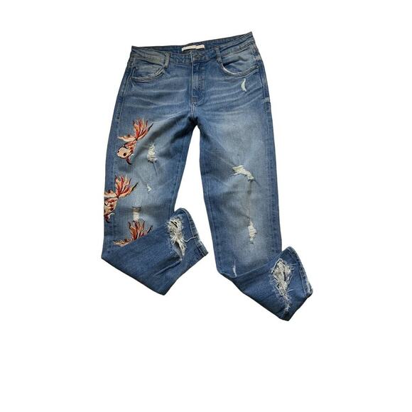 Zara Trafaluc Jeans Womens Size 6 Embroidered Floral Distressed Blue Denim - Picture 3 of 12